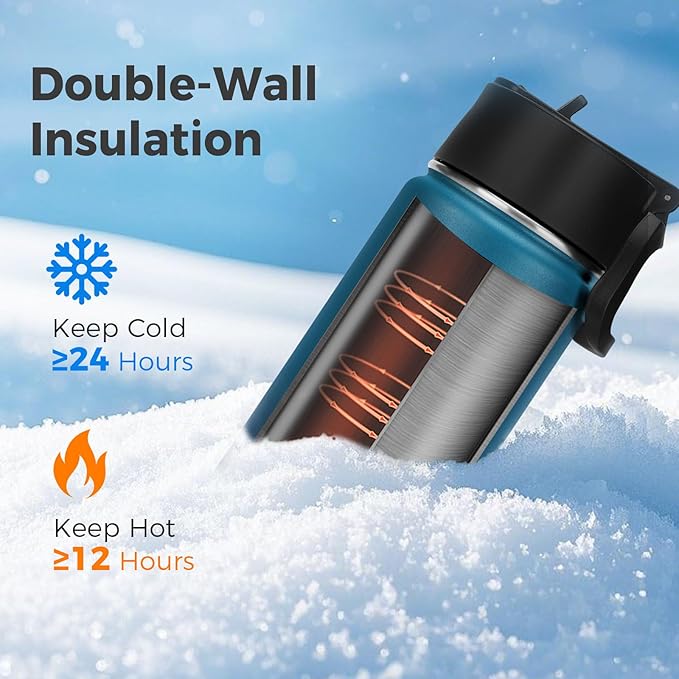 Neihepal 22 oz Insulated Water Bottle with Straw Lid, Double Walled Vacuum Stainless Steel Water Bottles Leak Proof, Wide Mouth (Dark Night,1 Pack)