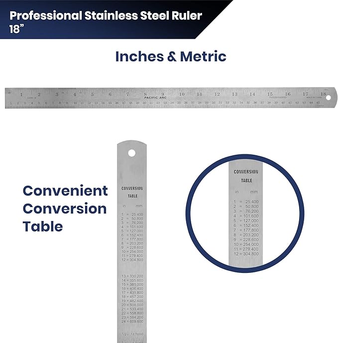 2 Pack - Pacific Arc 18 Inch Stainless Steel Ruler with Inch/Metric Conversion Table