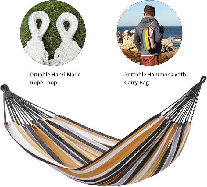 Brazilian Double Hammock with Tree Straps,Extra Large 94x63IN,2 Persons Hammock for Backyard Patio Outdoor and Indoor,450lbs Weight Capacity,Soft Woven Cotton Fabric - Coffee Stripe