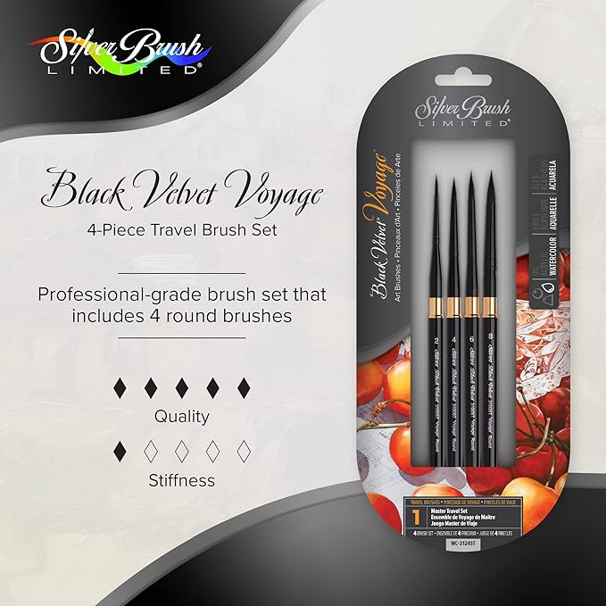 Silver Brush Limited WC-3124ST Black Velvet Voyage Master Travel Set for Watercolor, Gouache, Inks, & Dyes, Set of 4, Sizes 2, 4, 6, and 8 Round Paintbrushes, Short Handle
