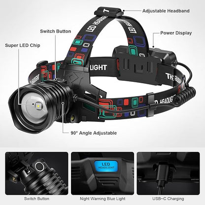 azamine Rechargeable Headlamp Super Bright 99000 Lumens, LED Head Lamp with 3 Modes, 90° Adjustable Head Lights for Forehead, IPX6 Waterproof HeadLamps for Adults Camping Hunting Hiking
