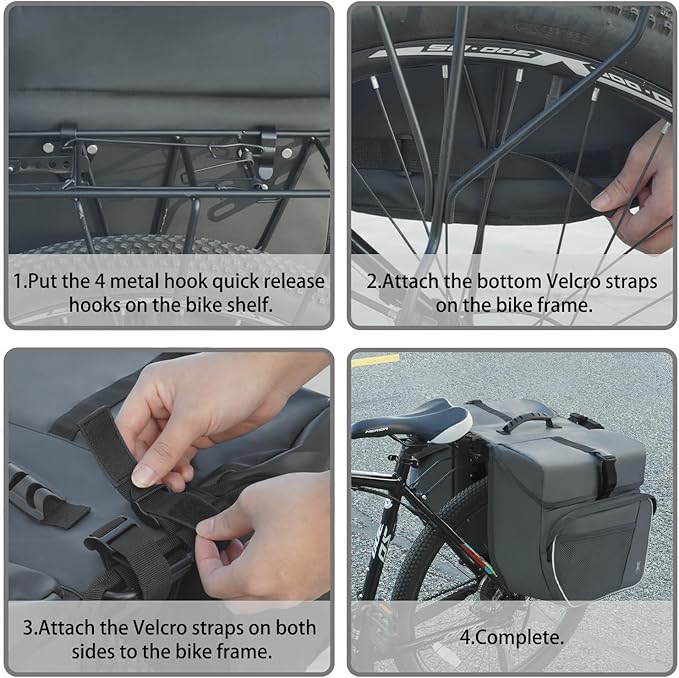 Waterproof Double Panniers Bag - 36L Saddle Bags for Rear Rack Bicycles with Safety Reflective Strips, Bicycle Commuting Pannier Fit Most Bicycle Rack with Rain Cover (With Rain Cover, Grey, 36L)