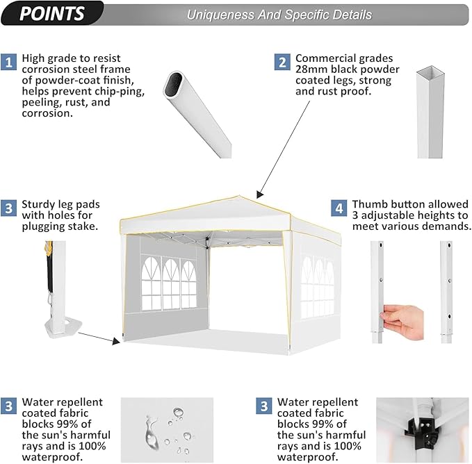 COBIZI 10x10 Pop up Canopy, Canopy Tent 10x10 Gazebos, Ez up Canopy for Parties Outdoor Camping Party Event Shelter Sun Shade with 4 Sidewalls & Carry Bag 4 Stakes & Ropes & Sandbags, White