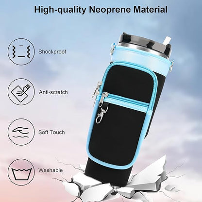Water Bottle Carrier Bag with Strap for Stanley 40/30 oz Tumbler with Handle, Water Bottle Holder Pouch with Phone Pocket for Stanley Cup Accessories, fit Walking Hiking Travel
