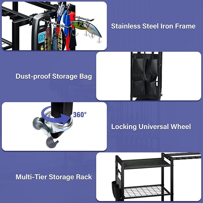 TC-HOMENY 16-Rod Fishing Rod Holder for Garage, Fishing Pole Rack Cart Fit All Fishing Rods, 3 Tier Fishing Tackle Storage Organizer Rack with Storage Bag, For Living Room