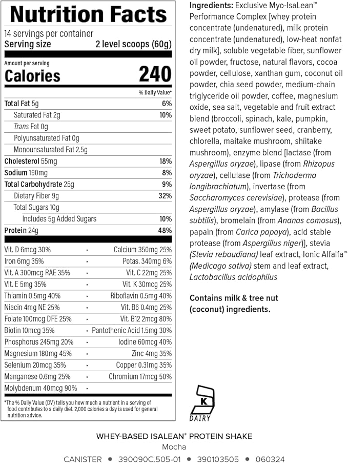 IsaLean Protein Shake - Complete Superfood Meal Replacement for Maintaining Healthy Weight and Lean Muscle Growth with 24 Vitamins and Minerals - 29.6 oz - 14 Meal Canister (Mocha) - Canister