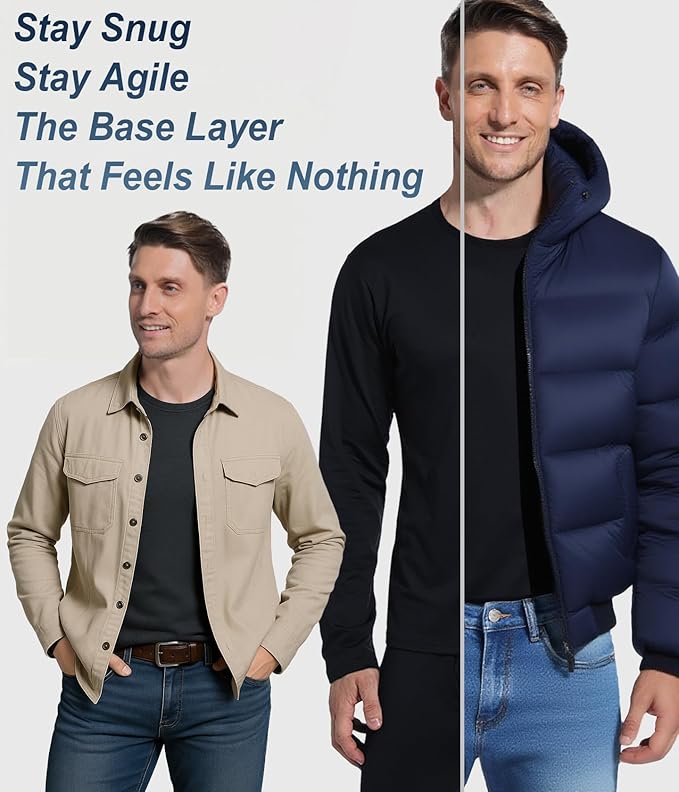 2 Pack Thermal Underwear Long Johns for Men Fleece Lined Base Layer Tops and Bottoms Set Cold Weather Winter Gear