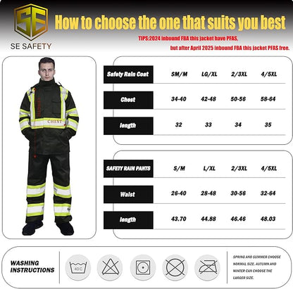 sesafety Hi Vis Rain Jacket, Rain Suits for Men Waterproof withBlack Bottom, Rain Coats for Men Interior Mesh, Class 3 HighVisibility Rain Gear,Removable Hood