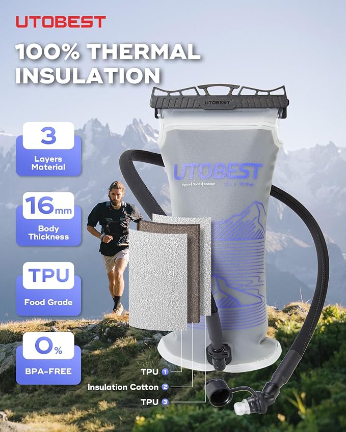 Insulated Water Bladder with Bite Valve Cover Keeps Water Cool or Warm for Hours, Leakproof TPU Hydration for Hiking Camping and Backpacking