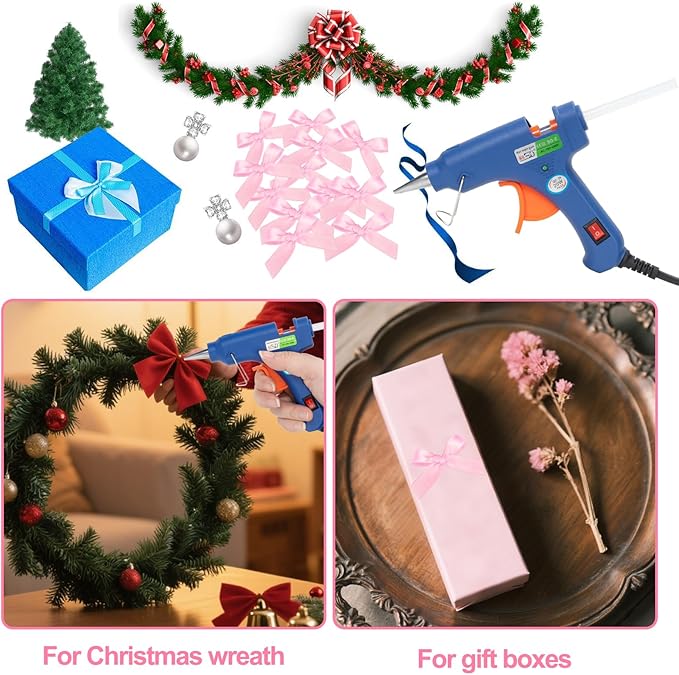 Mini Glue Gun and Sticks Set with Mini Pink Bows - 50 Pcs, 20 Pcs Glue Sticks and Tiny Bows with Hard Shell Carry Case for School DIY Crafts Arts Wedding Party Favors, Gift Box Decorations