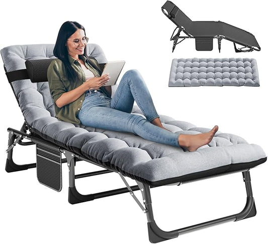 LILYPELLE Folding Outside Chaise Lounge Chair with Mattress, 5 Position Adjustable Patio Folding Lounge Chair Reclining Chairs Perfect for Outside, Sunbathing, Camping, Pool, Beach, Patio, Noble Gray
