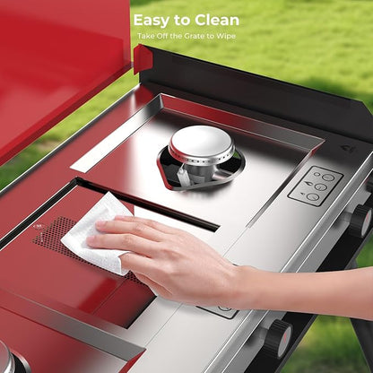 CAMPLUX 2 Burners & 1 Grill Propane Camping Stove, 15,000 BTU Portable Outdoor Propane Camping Grill Burner with Free Standing Legs, Auto-Ignition Gas Stove with Regulator, Red