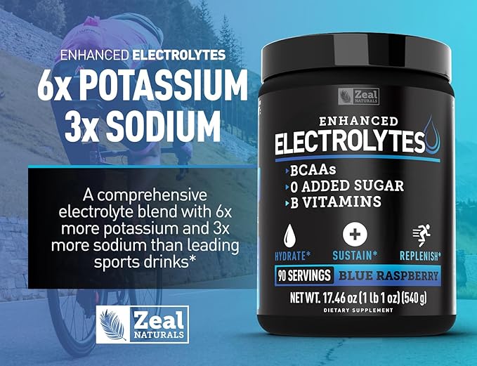 Zeal Electrolyte Powder - 90 Servings | Keto Electrolytes Powder | Zero Sugar, BCAAs, B-Vitamins | Potassium, Zinc, Magnesium | Hydration Powder Recovery Drink | Blue Raspberry