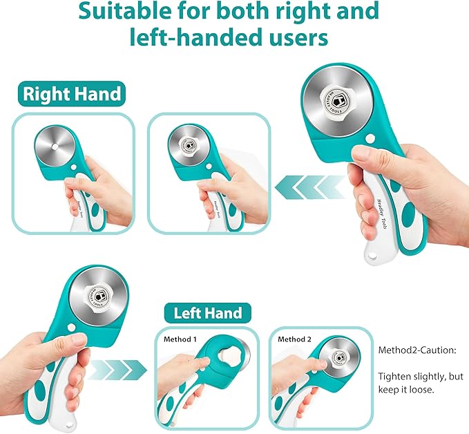 Headley Tools Rotary Cutter 60mm Upgraded with Bearing Design for Smoother and deeper cutting, Ergonomic Handle Rolling Cutter with Safety Lock for Fabric, Fabric, Leather, Crafting, Sewing, Turquoise