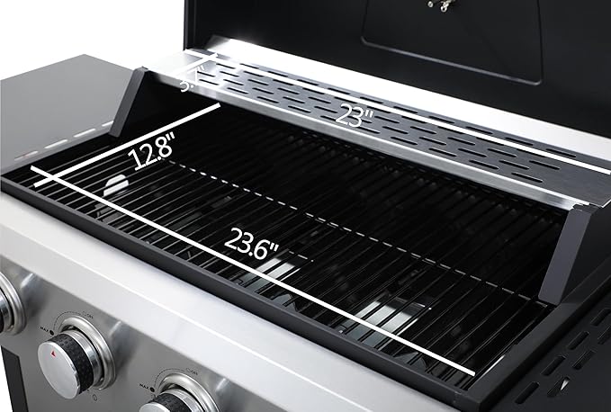 4-Burner Propane Gas BBQ Grill, 34200BTU Output With Wire Enamel Cooking Grids For Outdoor Barbecue, Foldable Side Table, Hanging Basket, Stainless Steel