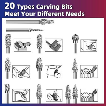 Carbide Burr Set 1/8" Inch Shank（3mm）Diameter，20PC Tungsten Double Cut Rotary Die Grinder Bits- Cutting Burrs for Aluminum Metal Wood Carving, Engraving,Polishing,Drilling