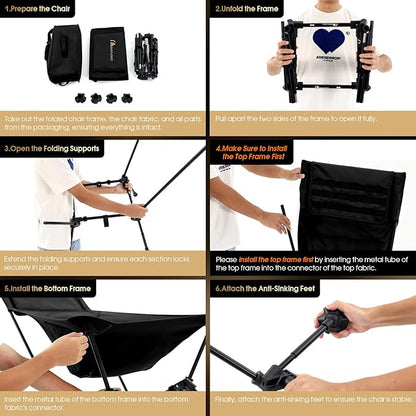 MOON LENCE Oversized Camping Chair with Pillow for Adults, Height Adjustable High-Back Folding Camping Chair with 400 lbs Capacity, Hidden Pillow Pocket for Camping, Hiking, Picnics, Black