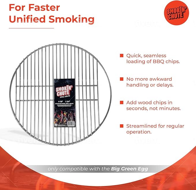 Stainless Steel Grate designed to work with the Smokin’ Chute System. Fits Large Big Green Egg and other 18” diameter grill grates.