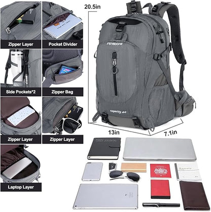 FENGDONG 40L Waterproof Lightweight Hiking,Camping,Travel Backpack for Men Women Gray