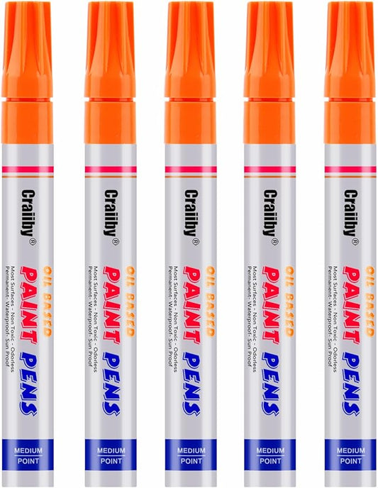 Orange Paint Markers, 5 Pack Oil-Based Waterproof Quick Dry Permanent Paint Pen Set for Rocks Painting, Wood, Fabric, Plastic, Canvas, Glass, Mugs, Metal, Tire, Stone, DIY Craft