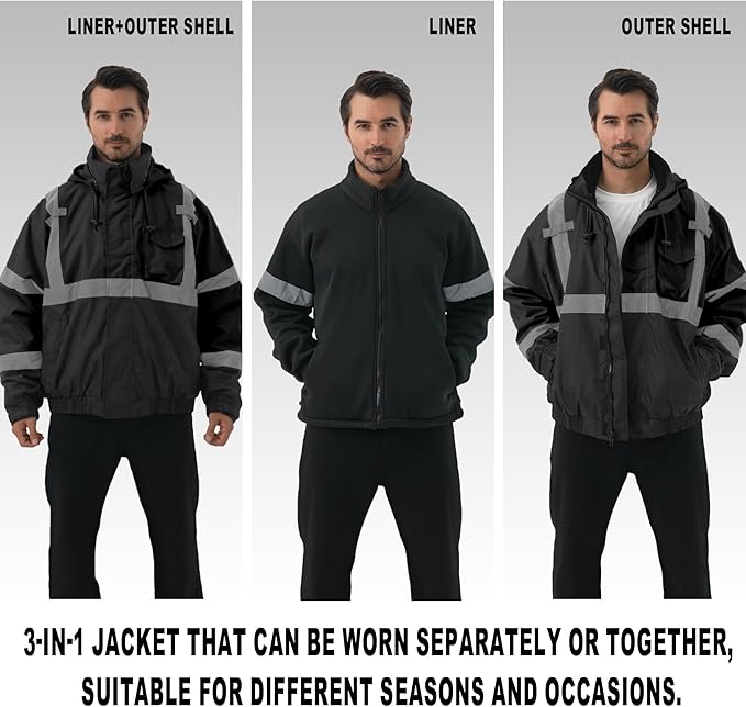 3 in 1 Safety jacket,Reflective high Visibility Hooded jacket,Hi Vis Bomber Jacket shell and fleece lining,Waterproof,ANSI Class 3 Black,2XL
