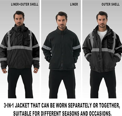3 in 1 Safety jacket,Reflective high Visibility Hooded jacket,Hi Vis Bomber Jacket shell and fleece lining,Waterproof,ANSI Class 3 Black,2XL