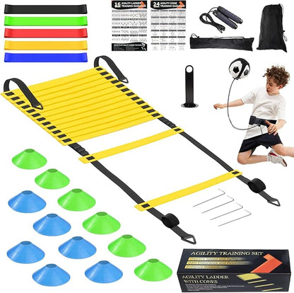 Speed Agility Training Equipment Set, Agility Ladder 20ft, 12 Football Cones, Resistance Parachute/Soccer Kick Trainer, Jump Rope, 5 Resistance Bands, Football Practice Equipment for Kids Adults