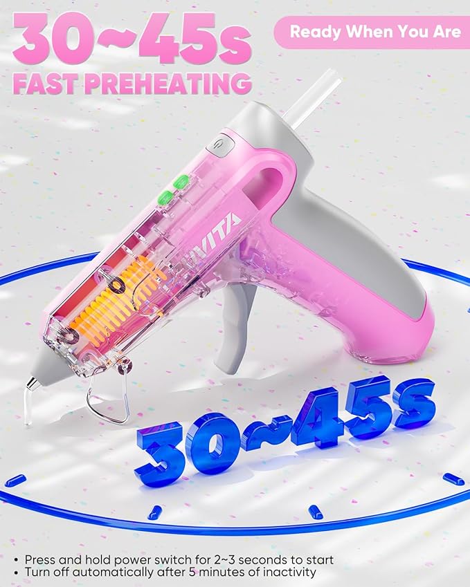 4V Pink Cordless Hot Glue Gun Kit with 30 Multi-Color Glue Gun Sticks, Fast Preheating, USB-C Rechargeable with 2600mAh Built-in Battery, Less-Drip Hot Melt Glue Gun for DIY, Crafting, Art