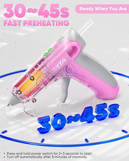 4V Pink Cordless Hot Glue Gun Kit with 30 Multi-Color Glue Gun Sticks, Fast Preheating, USB-C Rechargeable with 2600mAh Built-in Battery, Less-Drip Hot Melt Glue Gun for DIY, Crafting, Art