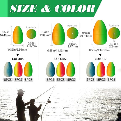 Dovesun 220/104/80/54/42/52pcs Fly Fishing Floats Bobbers Foam Pompano Rigs Surf Fishing Rig Floats Bright Color Round, Bullet, Cylindrical, Spin, Pill with Tackle Box