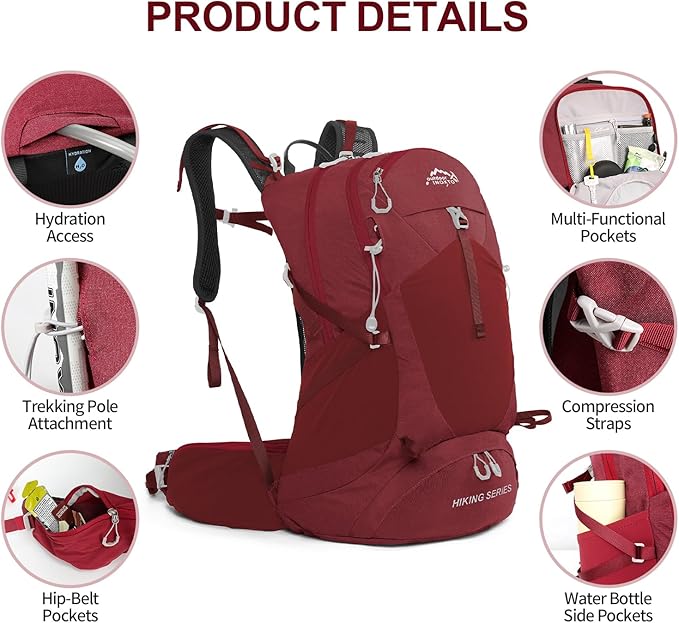 Hiking Backpack, Waterproof Hiking Daypack with 3L Water Bladder and Rain Cover, Lightweight Travel Camping Backpack for Men Women (Red)