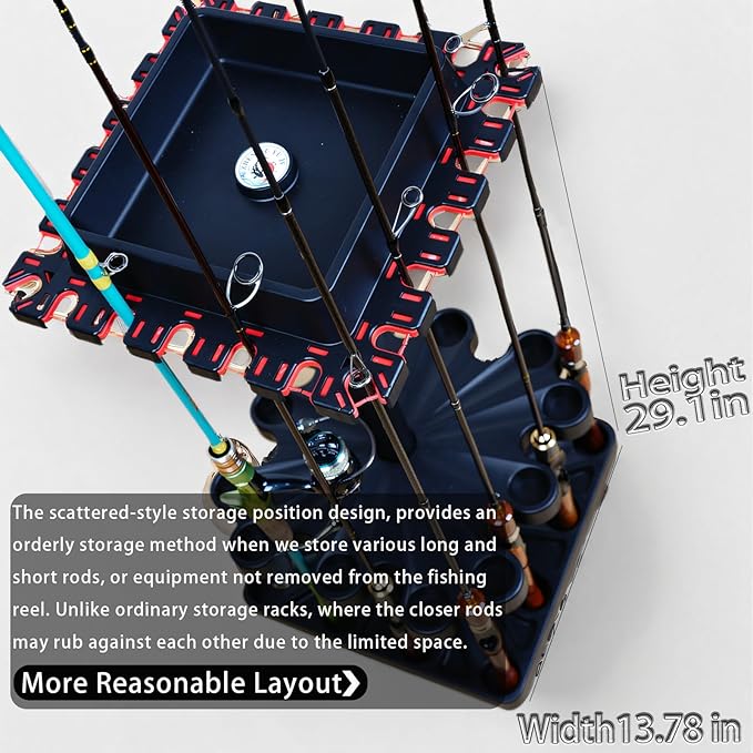 Freestanding Rotating Fishing Rod Rack – No-Drill Lure Rod Stand, Home Display Organizer, Tool-Free Assembly, Holds up to 24 Rods, (With Rolling Wheels)