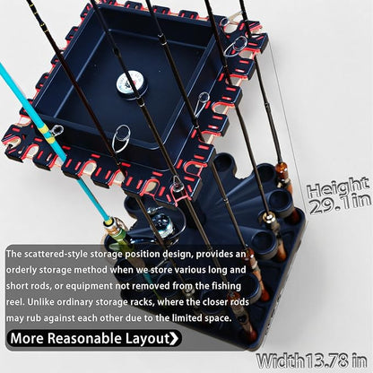 Freestanding Rotating Fishing Rod Rack – No-Drill Lure Rod Stand, Home Display Organizer, Tool-Free Assembly, Holds up to 24 Rods, (With Rolling Wheels)