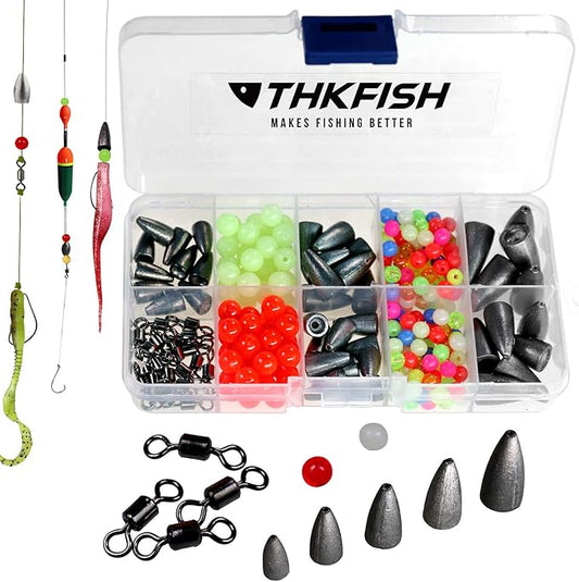 THKFISH Texas and Carolina Fishing Rig Bass Fishing Bullet-Weights for Fishing Sinkers Hooks Rolling Barrel Fishing Swivels Beads Rings Fishing Tackle Kit 35pcs/339pcs/389pcs