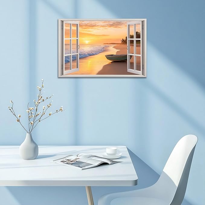 ANRUOXI Beach Wall Art, Window Frame Style Canvas Wall Decor Ocean, Sunset Sea & Tropical Palm Tree Coasts Boat Canvas, Seaside Scenery Nature Landscape Painting for Living Room Office Home 18x24 Inch