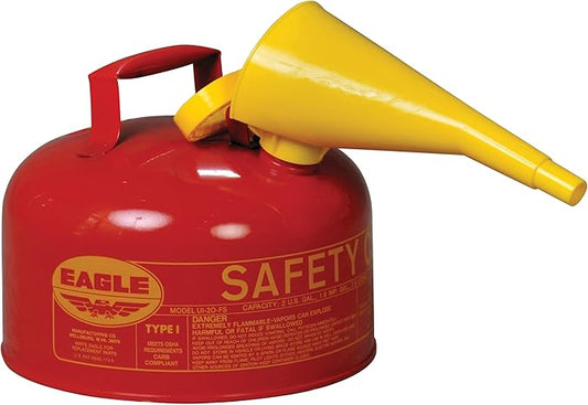Eagle 2 Gallon Type I Red Safety Gas Can for Gasoline with Flame Arrester, Self-Closing Lid, and F-15 Funnel, Made in the USA, Galvanized Steel Flammable Storage Can, UI20FS