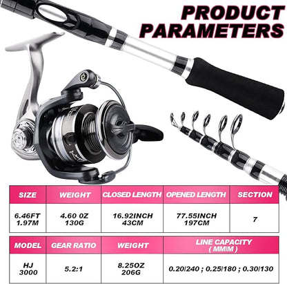 2PCS Telescopic Fishing Rods and Reels Combo Set 6.89ft Portable Fishing Pole Spinning Reel Lures Accessories with Storage Bag Saltwater Freshwater Fishing Pole Combo Fishermen Gift