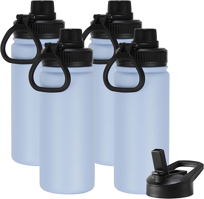 DOMICARE 16 oz Kids Water Bottle for School Stainless Steel Double Wall Vacuum Insulated Water Bottle with Straw lids & Spout Lid, Leakproof BPA Free (Light Blue,4)