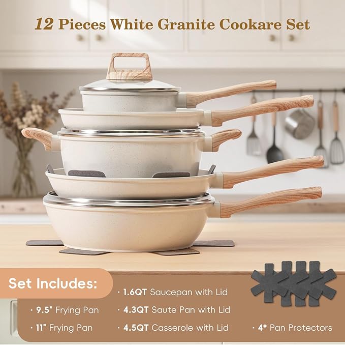 12 Pcs Pots and Pans Set, Nonstick Cookware Sets White Granite Induction Cookware, Non-toxic Healthy Non Stick Kitchen Cooking Set with Frying Pans Set, Saucepans,Steamer (PFAS, PFOA, PFOS Free)