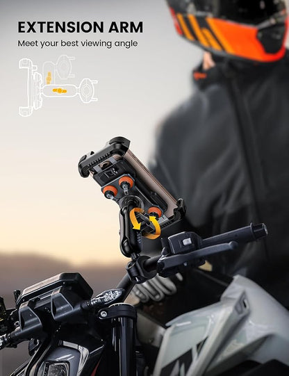 Aomiker Motorcycle Phone Holder Mount - [Metal Extension Arm] [Dual Vibration Dampener] Motorcycle Cell Phone Mount, Bike Phone Handlebar Clamp for iPhone 16 15 14 13 Pro Max Plus, 4.7-6.7" Smartphone