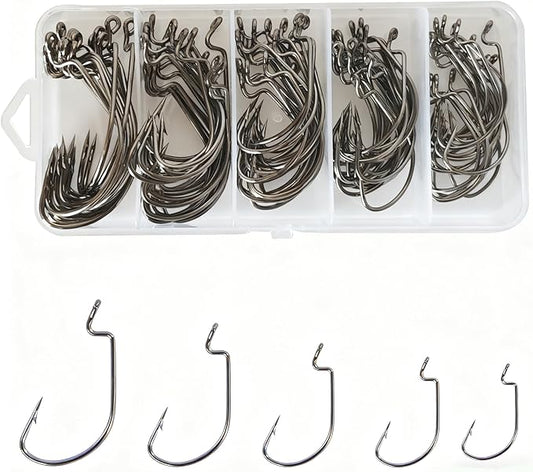 100pcs Worm Hooks 5-Size Assortment (#1,1/0,2/0,3/0,4/0) Bass Fishing Hooks for Freshwater Saltwater, High Carbon Steel Sharp Corrosion Resistant, with Plastic Box