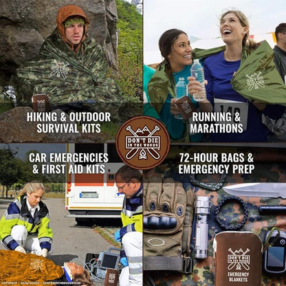 Don't Die In The Woods - Extra Thick Emergency Blankets [4-Pack] World’s Toughest Thermal Mylar Space Blanket | Outdoor Survival Gear for Hiking Camping First Aid Kit (Camo)