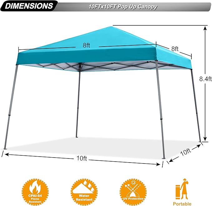 ABCCANOPY Stable Pop up Outdoor Canopy Tent 10 x 10 ft Base / 8 x 8 ft Top, Turquoise