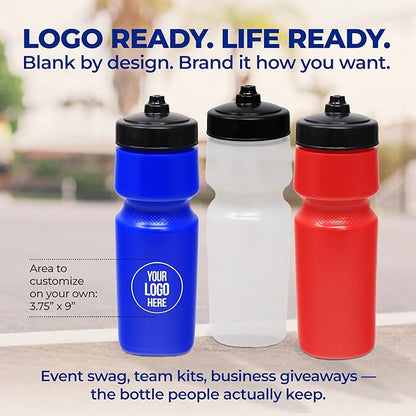 Rolling Sands USA Made 24 oz Sports Squeeze Water Bottles, 8 Pack, BPA-Free, Easy Drink One Way Flow Valve, Fits Most Bike Cages, Dishwasher Safe, Durable, Reusable and Lightweight, Clear Frost