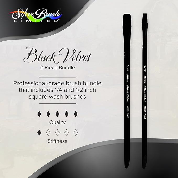 Silver Brush Limited BV-3058S Black Velvet Short Handle 2pc Stroke Set, Mixed Filament Brushes with Very Soft Tips, Professional Artist Painting Set for Watercolors, Gouache, Dyes & Silk Painting