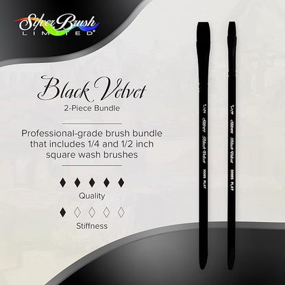 Silver Brush Limited BV-3058S Black Velvet Short Handle 2pc Stroke Set, Mixed Filament Brushes with Very Soft Tips, Professional Artist Painting Set for Watercolors, Gouache, Dyes & Silk Painting