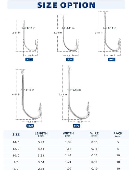 BLUEWING Stainless Steel SS O' Shaughnessy Hooks 5pcs/10pcs Heavy Duty Long Shank for Saltwater & Freshwater
