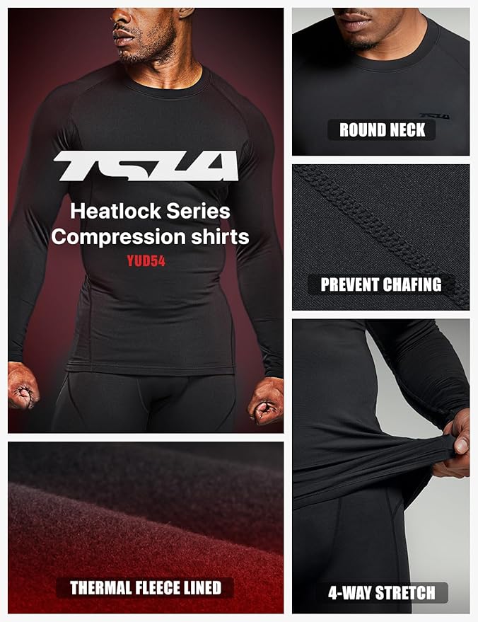 TSLA Men's Thermal Long Sleeve Compression Shirts, Athletic Base Layer Top, Winter Gear Running T-Shirt