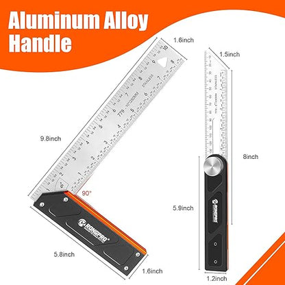 10Inch Woodworking Square Ruler and T-Bevel Gauge Set - 1/16" Precision,Sliding T-Bevel and T Measurements Ruler, Aluminum Handle Carpenter Square Layout Tool for Woodworking -Imperial…