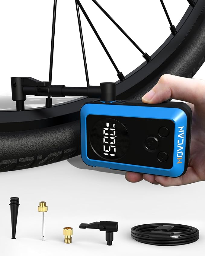 MOVCAN Mini Bike Pump,33s Fast Bicycle Pump with Guage,150PSI Portable Electric Bike Air Pump with Presta and Schrader Valve,Inflation Needle for Bike, Motorcycle, Mountain Bike, Ebike,Car, Balls